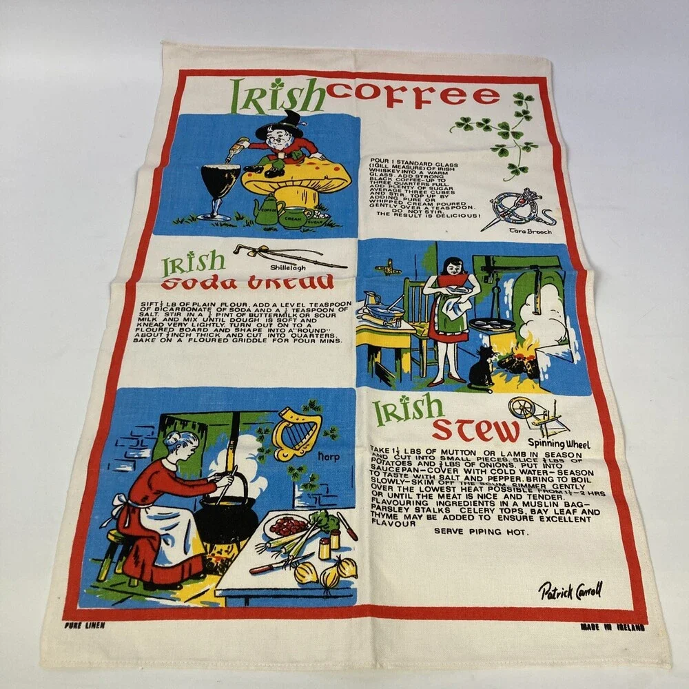 VTG 100% Linen Irish Tea Towel - Coffee Recipes & Elf Soda Bread Design